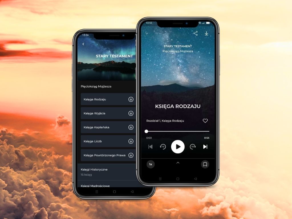 Aplikacja Biblia Audio na dwóch smartfonach: lista ksiąg Starego Testamentu i odtwarzacz Księgi Rodzaju